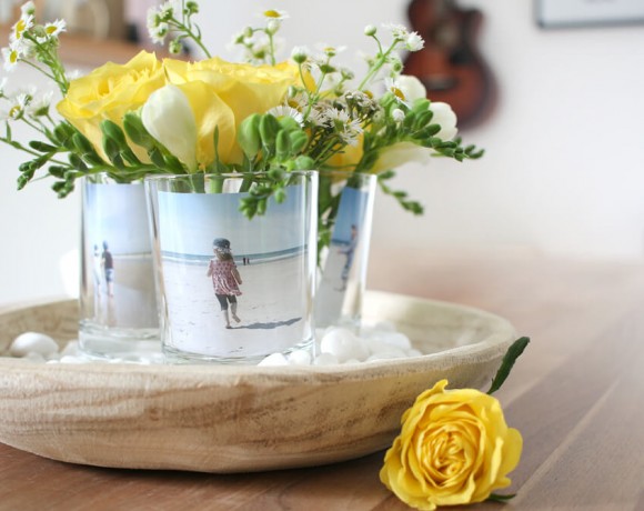 Tischdeko mit Foto und Blumen DIY